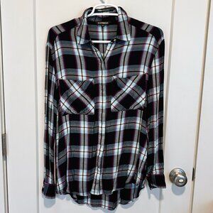 Express Oversized Flannel Button Down Shirt, Blue & Pink, Small